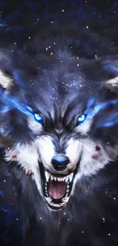 Fierce blue-eyed wolf on dark background, digital art.