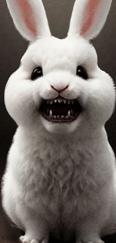 Fierce white bunny with sharp teeth on dark background, mobile wallpaper.