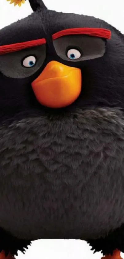 Bold black cartoon bird with orange details.