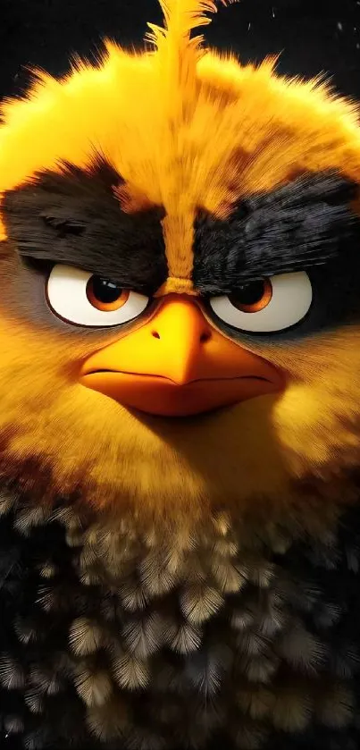 A fierce cartoon bird in yellow and black on a mobile wallpaper.