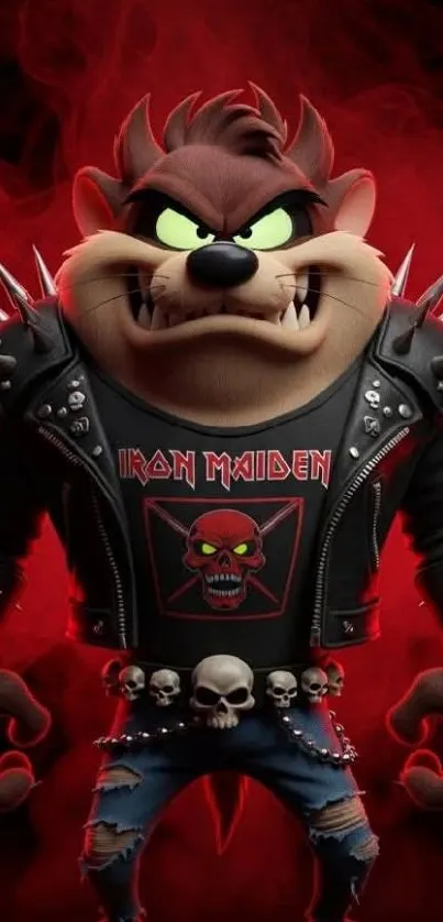 Fierce cartoon character with punk style in a red background.