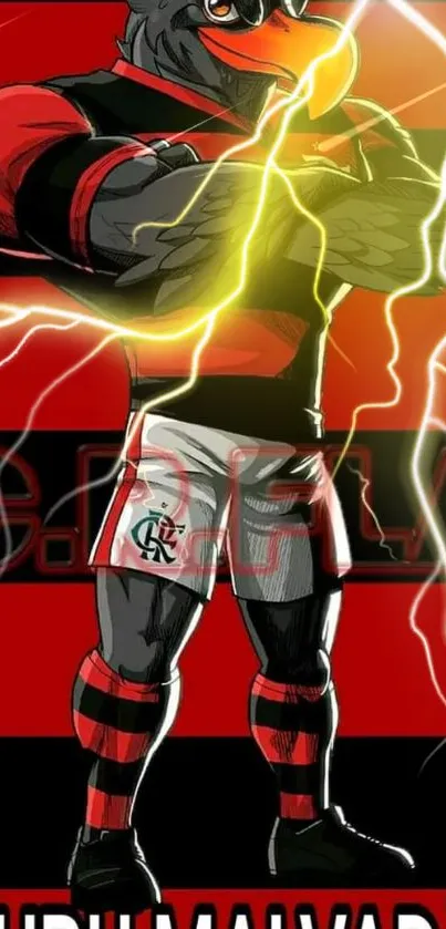 Electrifying cartoon bird in red and black soccer gear with lightning effects.