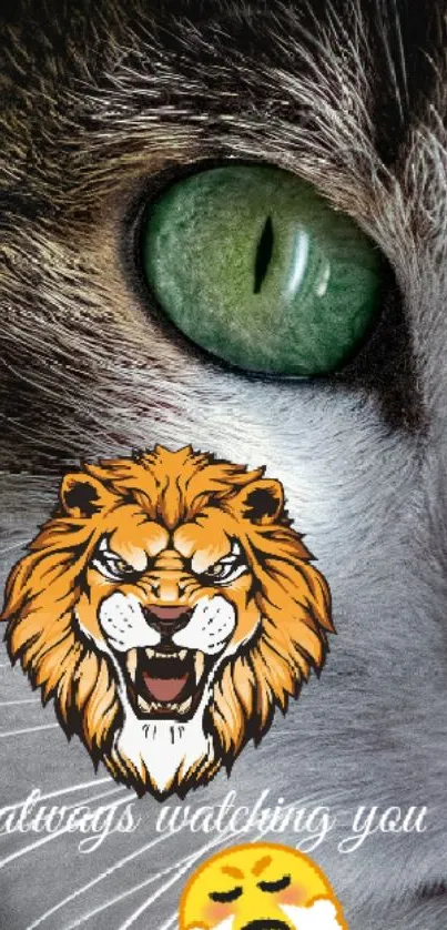 Fierce green-eyed cat with a lion overlay, perfect for wallpaper.