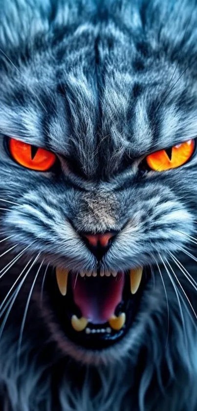 Fierce cat snarling with bright orange eyes on a gray-blue background.