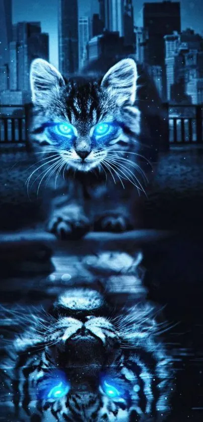 Cat with glowing blue eyes reflecting as a tiger over a cityscape.