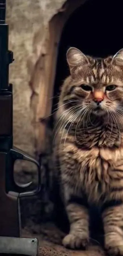 Fierce cat sitting beside a rifle, intense gaze.