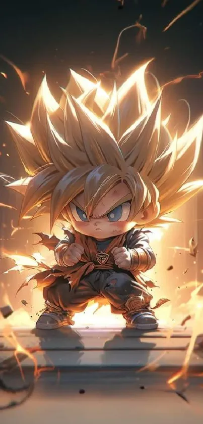 Chibi warrior with glowing energy burst in an anime style.