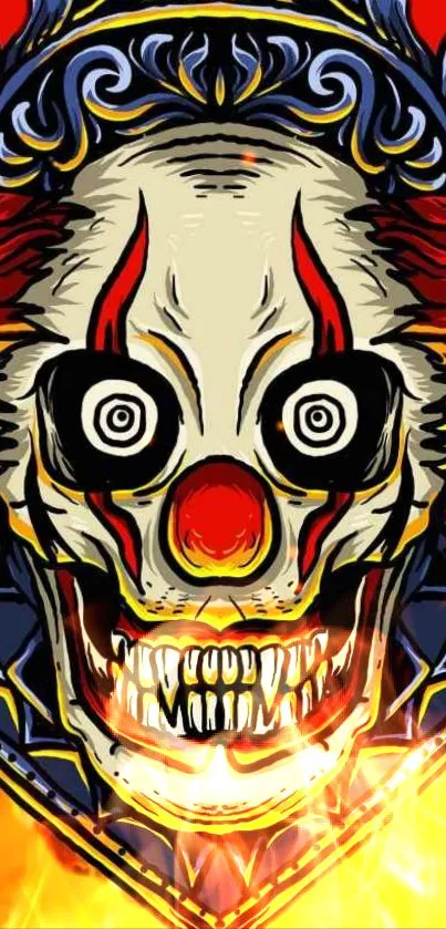 Vibrant clown face art with fiery elements and bold colors.