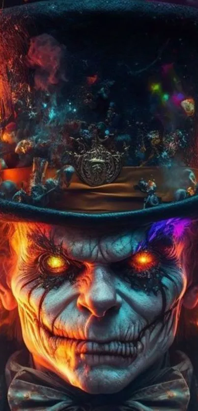 Vibrant fantasy clown with glowing eyes on mobile wallpaper.