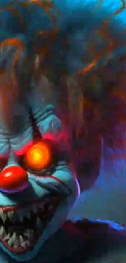 Vibrant horror clown with fiery eyes.