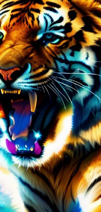 Roaring colorful tiger with vibrant stripes in a digital art design.