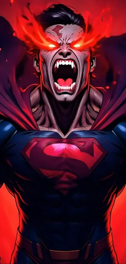 Comic book hero with glowing red eyes, intense and powerful