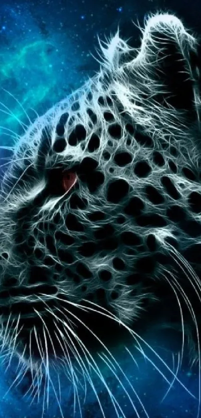 Digital art of a leopard with a cosmic blue background.