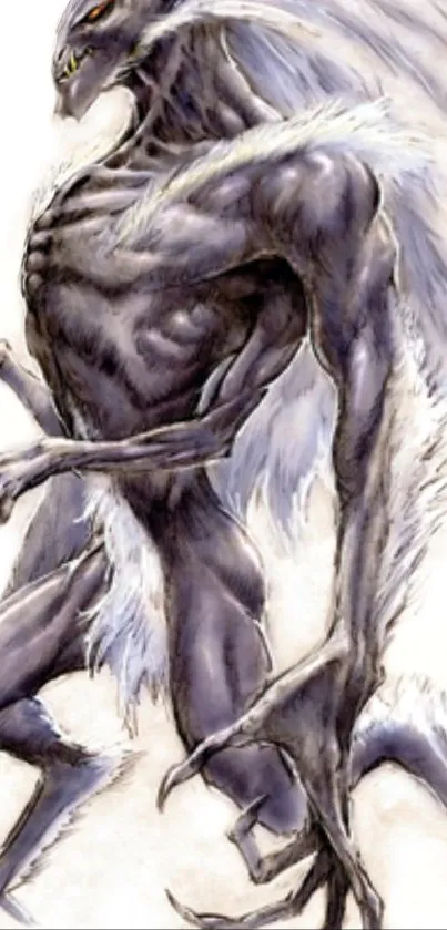 Fantasy creature with wings and muscular build in dark artistic style.