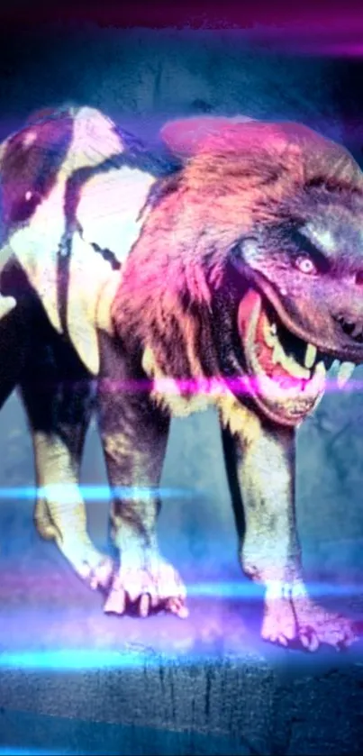Fierce cyber animal with neon glow and glowing eyes on a dark background.