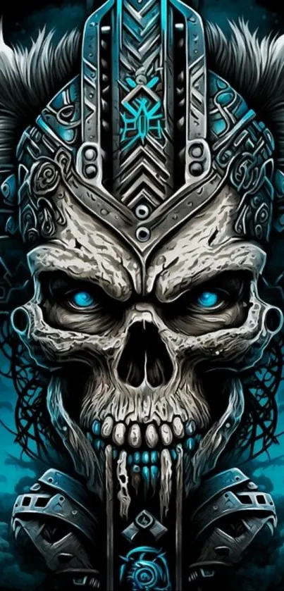 Cyberpunk skull with teal accents, featuring intricate metallic details.