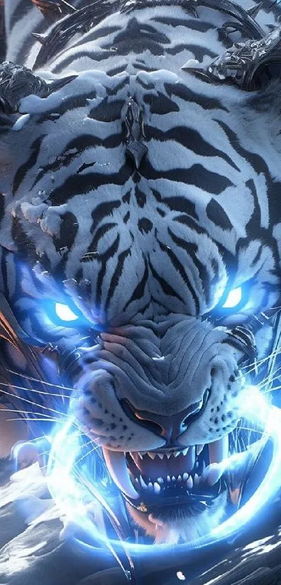 Cybernetic white tiger with glowing blue eyes wallpaper.