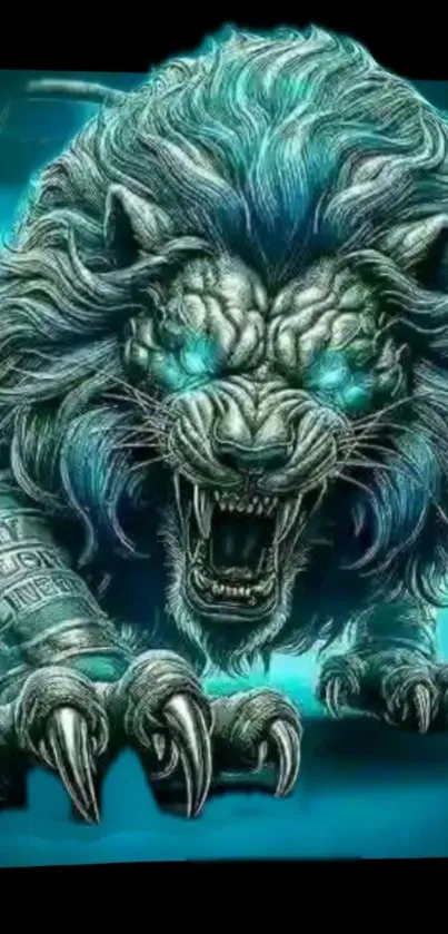 Fierce cybernetic lion with teal glow in mobile wallpaper.