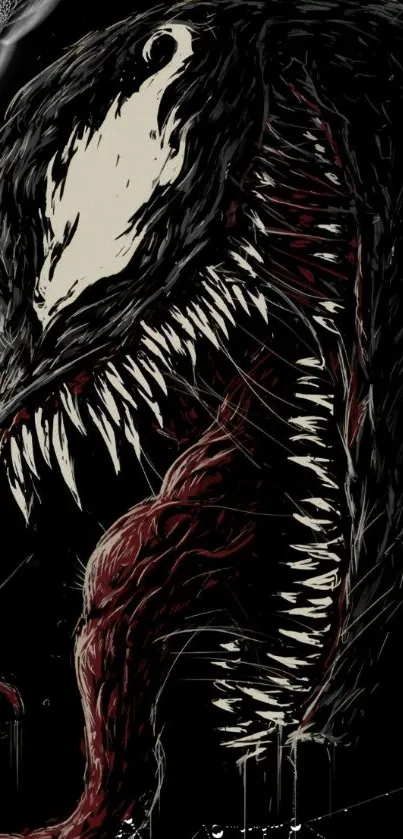 Dark character with fangs and red tongue on edgy wallpaper.