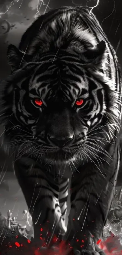 Fierce black and white tiger with red eyes in a dramatic storm setting.