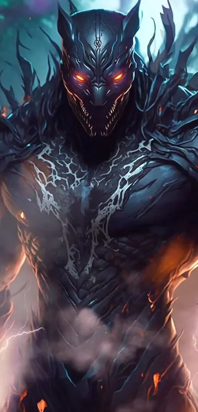 Dark warrior with glowing eyes in a mystic stance, perfect for phone screens.