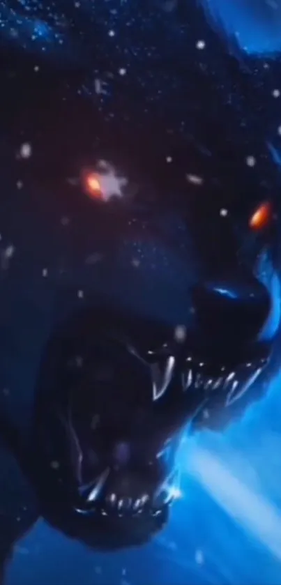 Fierce dark wolf with glowing eyes in a snowy blue aura.