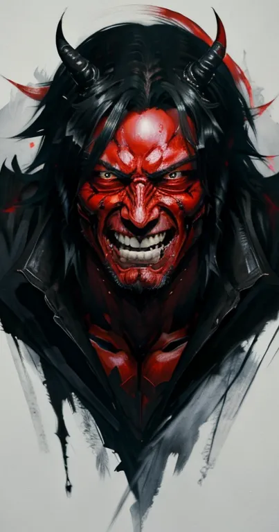 Fierce red demon portrait with dark features and horns in dynamic art style.