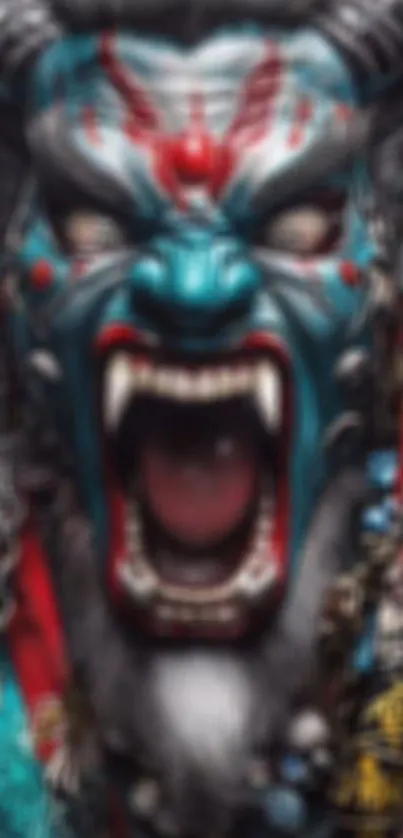 Fierce demon face with vibrant blue tones on mobile wallpaper.