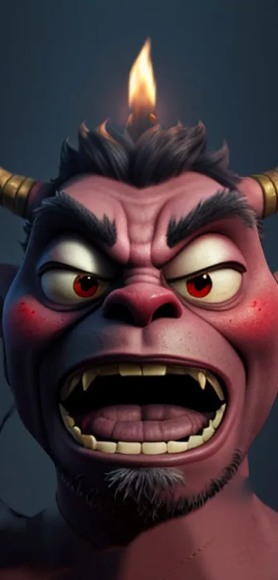 Cartoon demon with fiery eyes and expressive face.