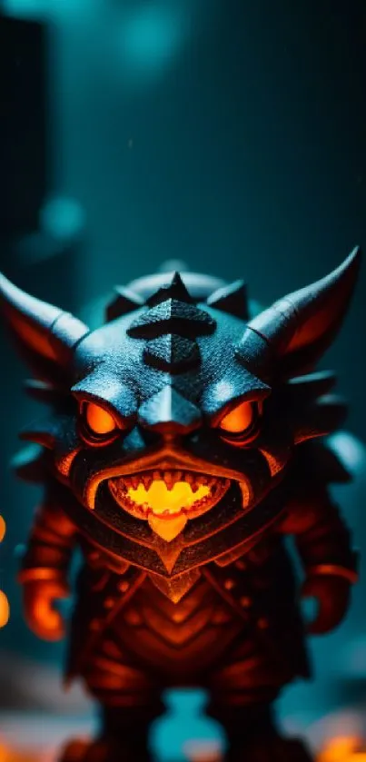 Fierce demon figurine with glowing eyes in a dark, mystical setting.