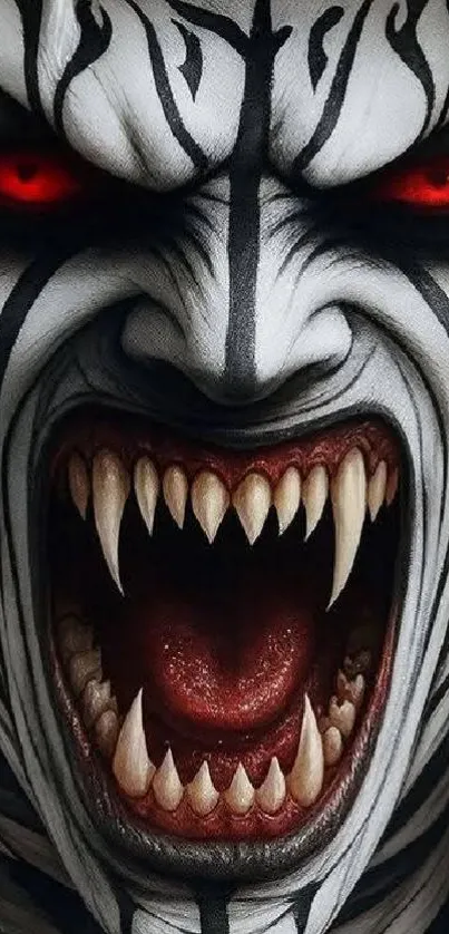 Fierce demon wallpaper with red eyes and sharp fangs.