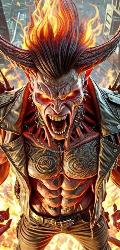 Fierce demon with flames in background art.