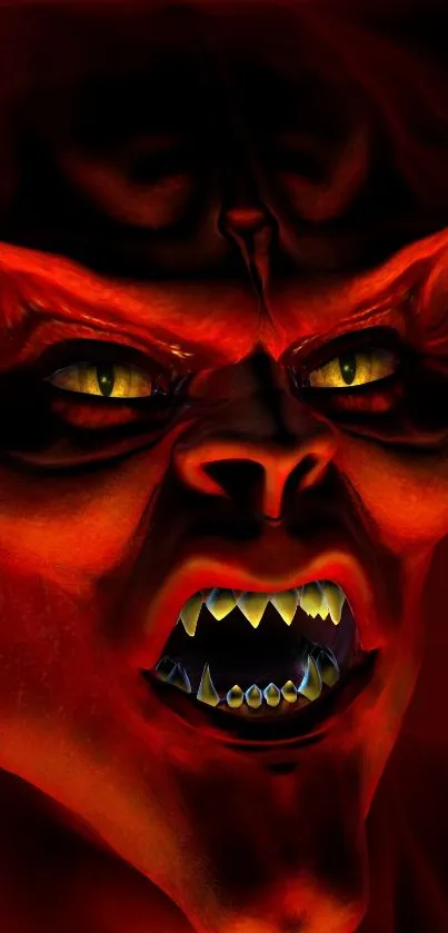 Close-up of a fierce red demon face with glowing eyes.