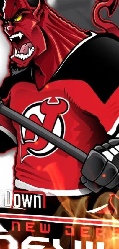 Animated New Jersey Devil in red jersey, holding a hockey stick.