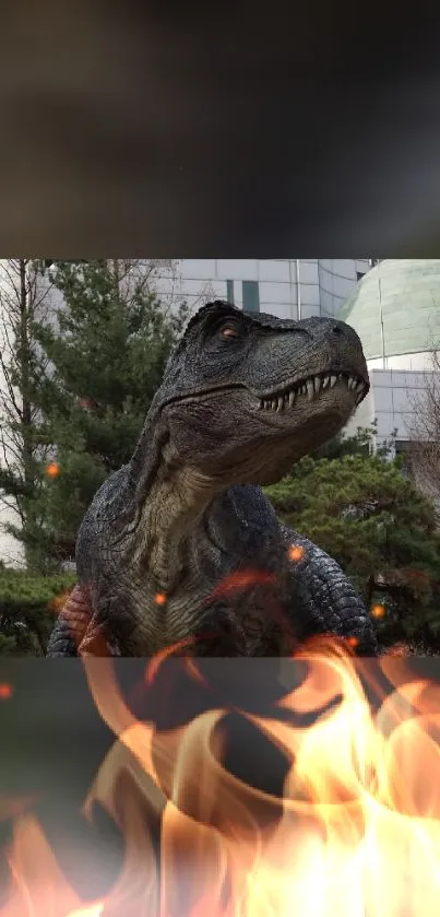 Dinosaur in urban setting with fiery foreground.