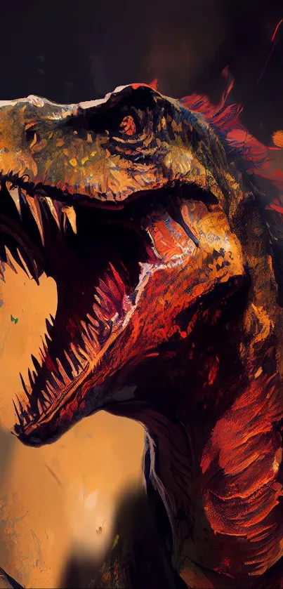 Fierce T-Rex dinosaur art wallpaper in vibrant colors for mobile display.