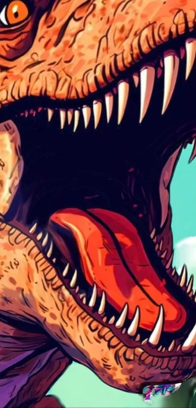 Vibrant illustration of a roaring dinosaur with detailed features and dynamic colors.