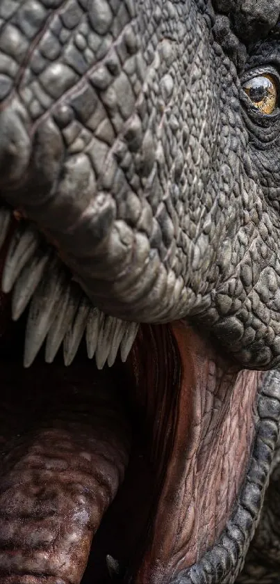 Close-up view of a fierce dinosaur with detailed textures and sharp teeth.