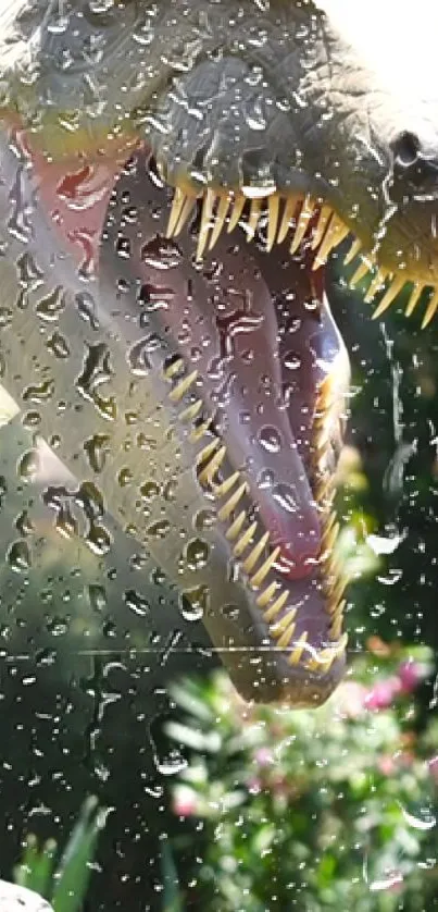 Realistic dinosaur art with rain effect on mobile wallpaper.