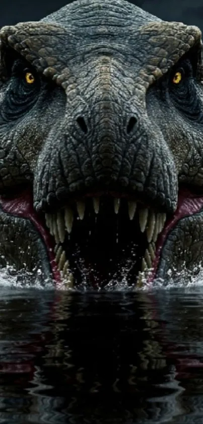Fearsome dinosaur emerging from water with a roaring expression.