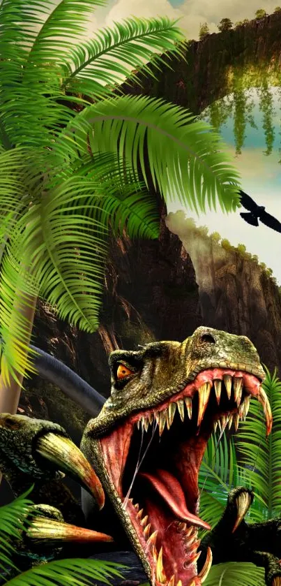 Ferocious dinosaur in lush jungle mobile wallpaper.