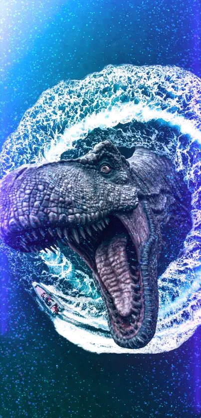 Dinosaur bursting through water in a blue-themed mobile wallpaper.