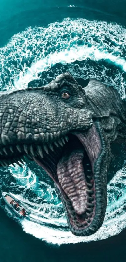 A fierce dinosaur emerging from teal ocean waves in a mobile wallpaper.