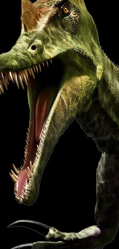 A roaring green dinosaur mobile wallpaper on a black background.