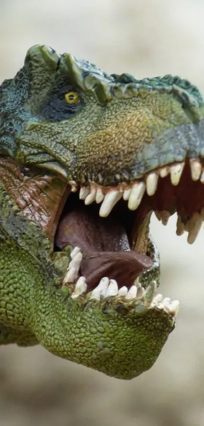 Close-up of a roaring T-Rex with detailed green scales.