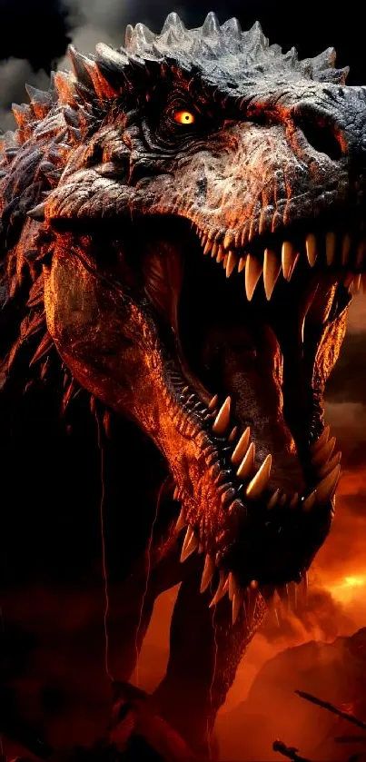 Fierce roaring dinosaur in fiery backdrop.