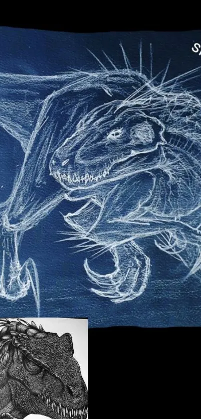 Fierce dinosaur sketch on dark blue background with artistic flair.