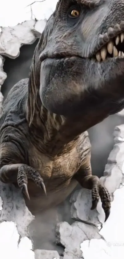 Fierce dinosaur breaking through the wall with realistic detail.