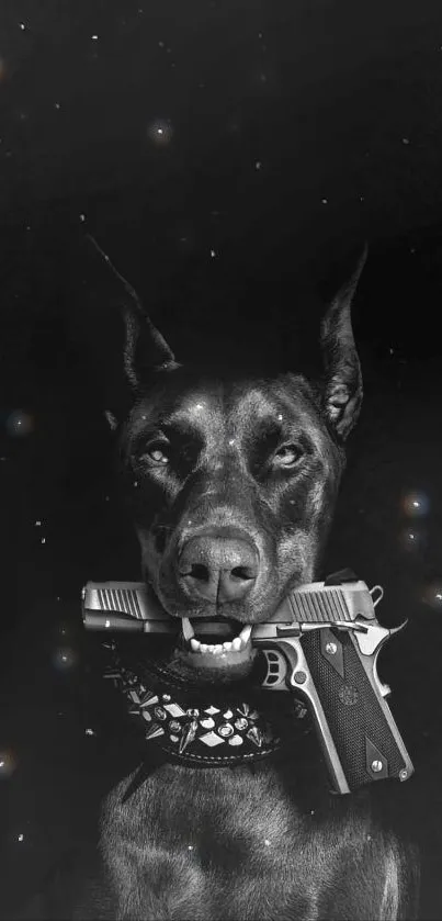 Fierce black dog holding a gun on a dark, starry background.