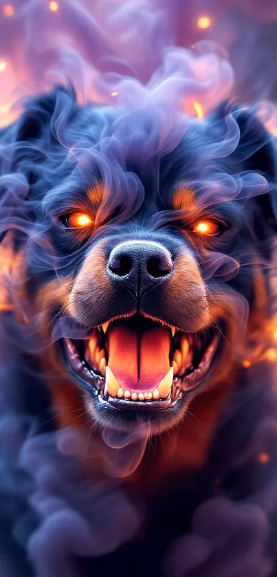 Fierce dog with glowing eyes surrounded by smoke.